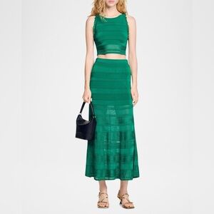 Sandro Midnight Blue Co-Ord Set- Ruffle Shirt Knee Length Fit Flare Skirt- Large